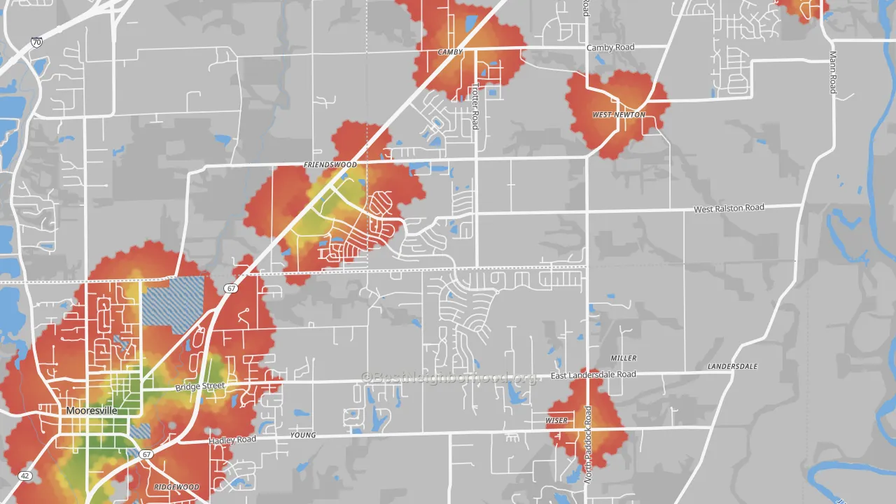 Walk Grade map of 46113, IN, walkable areas in green and car-dependent areas in red