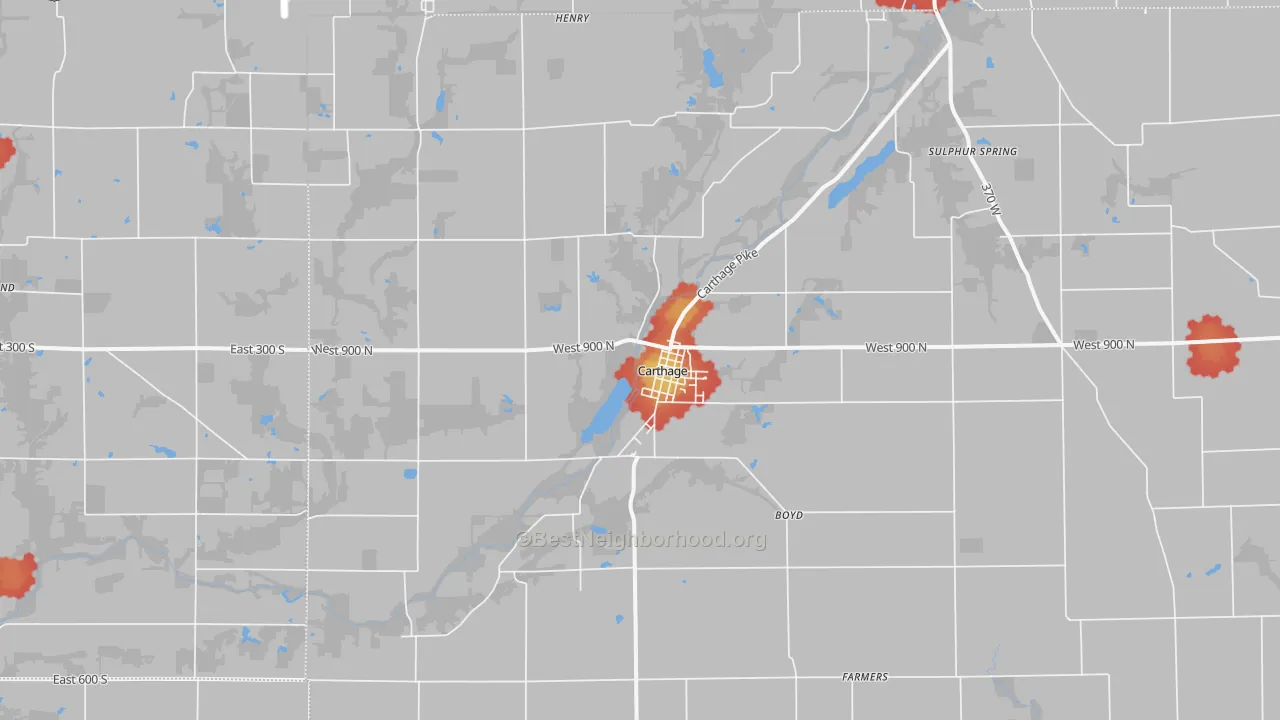 Walk Grade map of 46115, IN, walkable areas in green and car-dependent areas in red