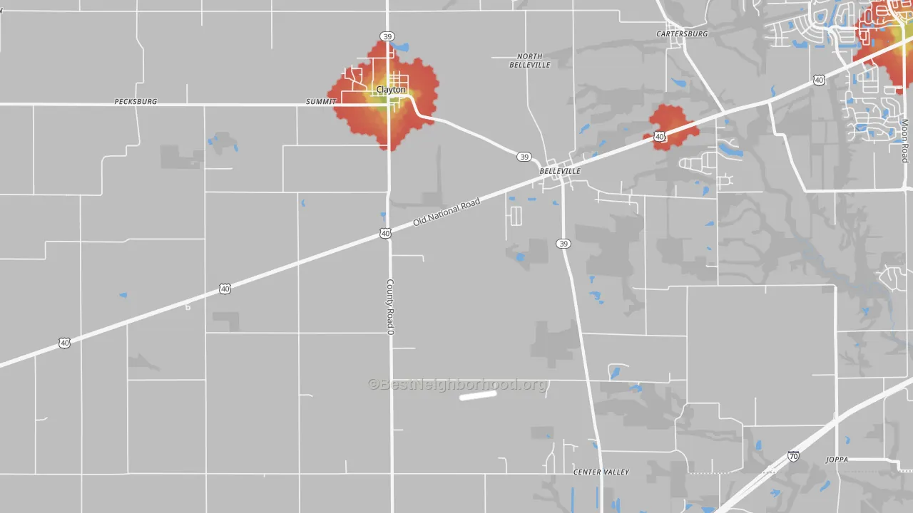 Walk Grade map of 46118, IN, walkable areas in green and car-dependent areas in red