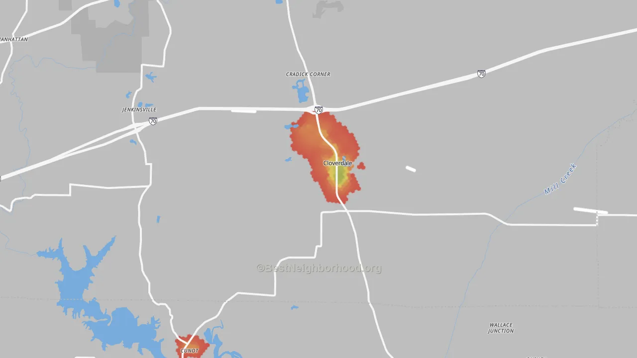 Walk Grade map of 46120, IN, walkable areas in green and car-dependent areas in red