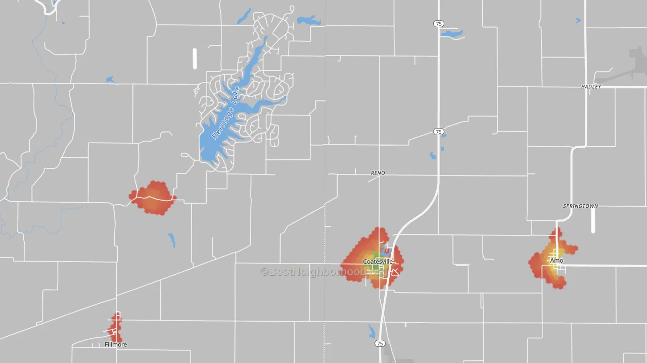 Walk Grade map of 46121, IN, walkable areas in green and car-dependent areas in red