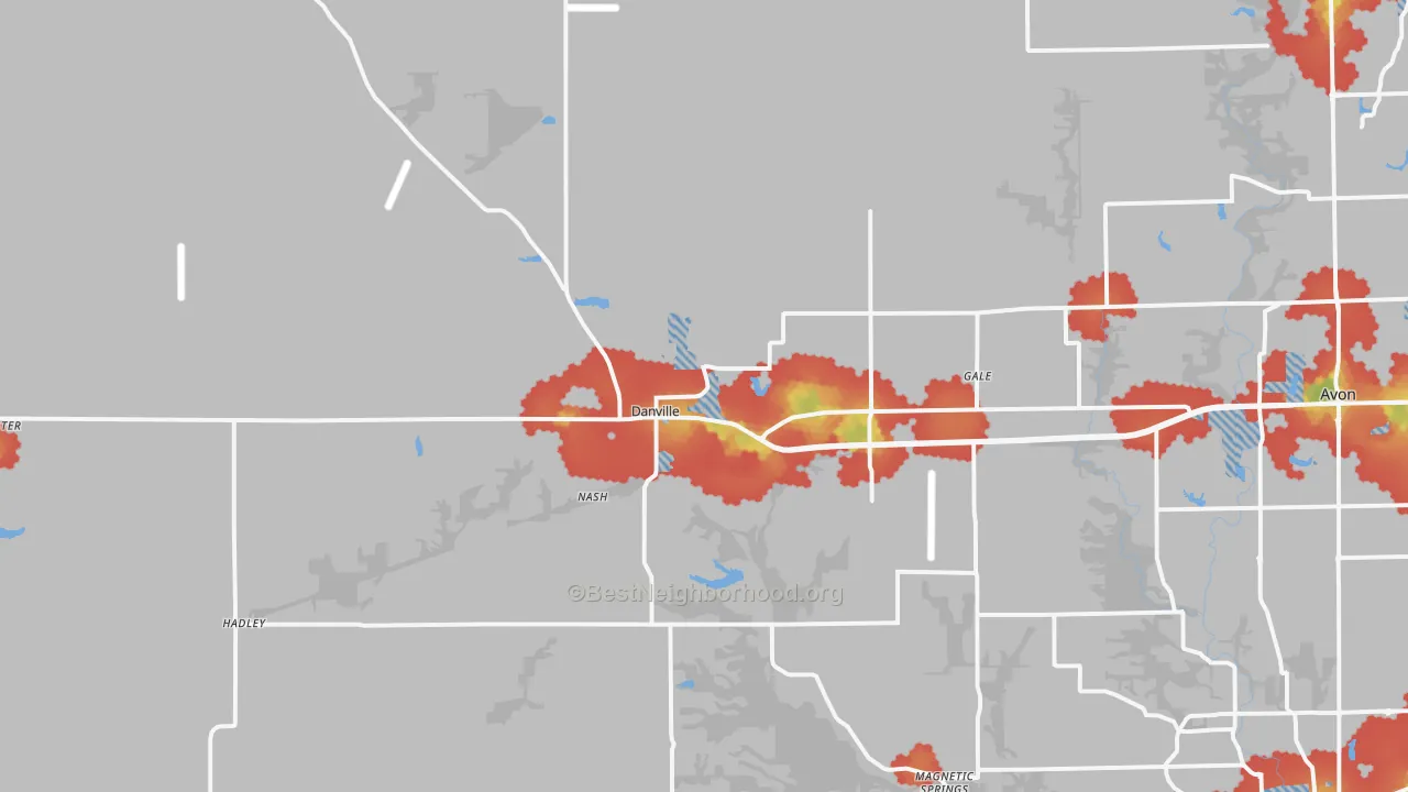 Walk Grade map of 46122, IN, walkable areas in green and car-dependent areas in red