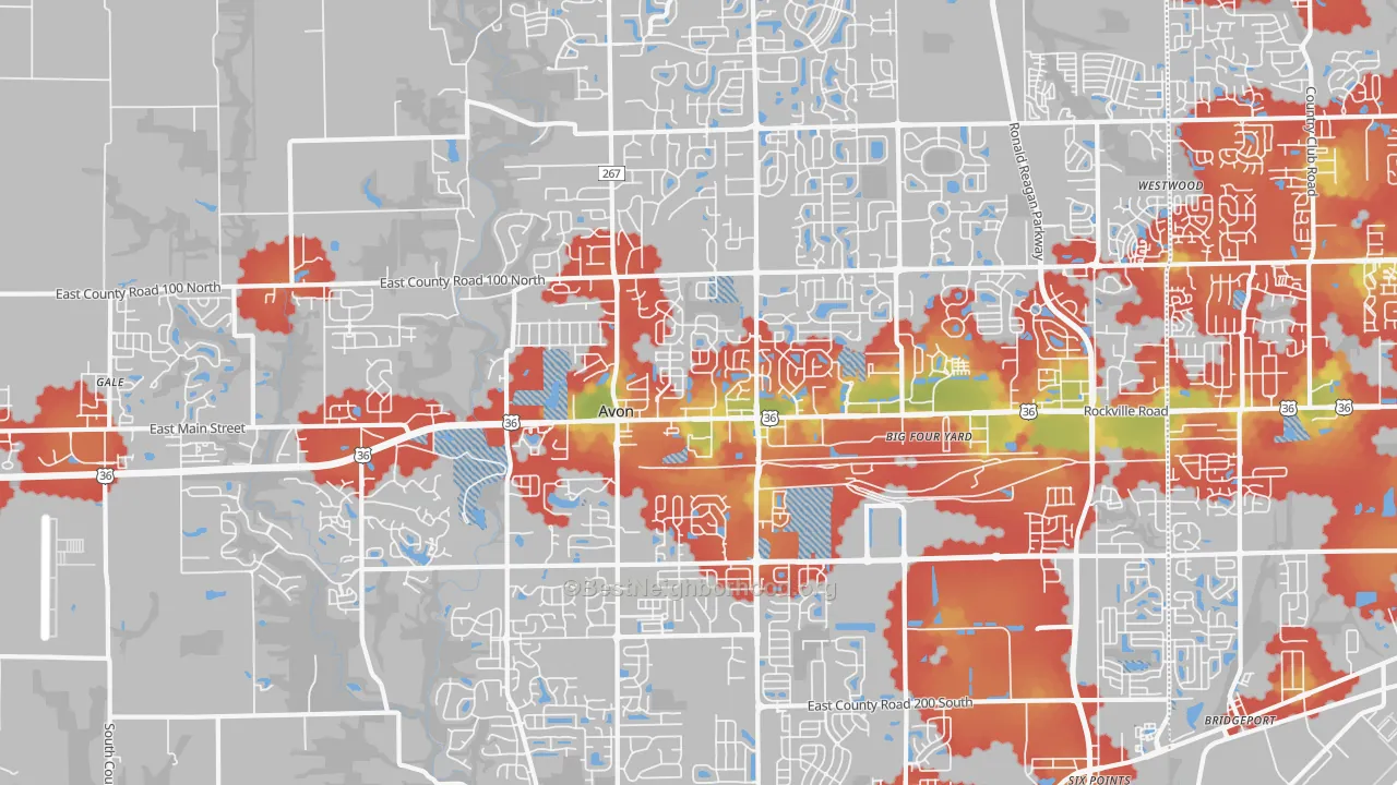 Walk Grade map of 46123, IN, walkable areas in green and car-dependent areas in red