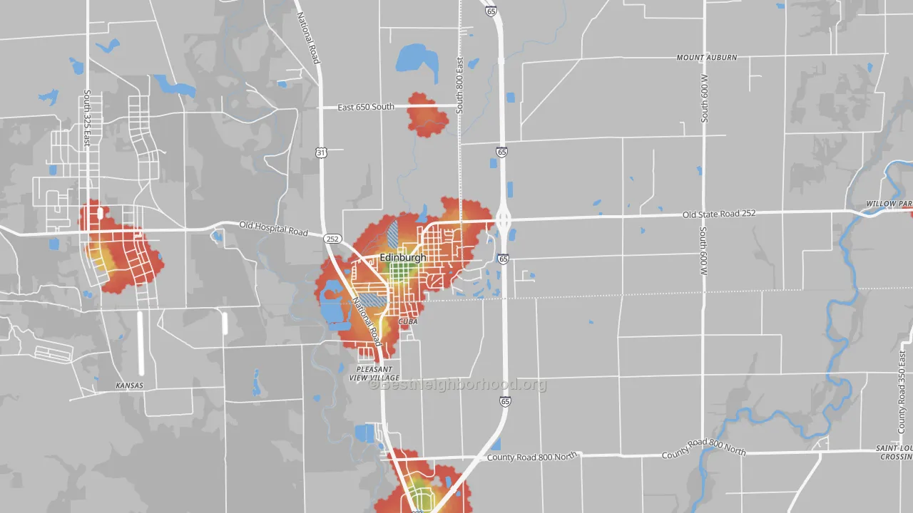 Walk Grade map of 46124, IN, walkable areas in green and car-dependent areas in red