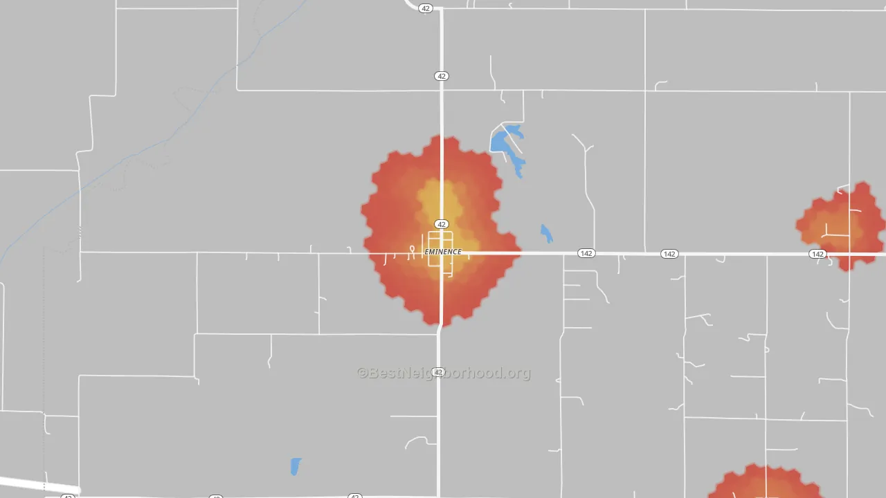 Walk Grade map of 46125, IN, walkable areas in green and car-dependent areas in red