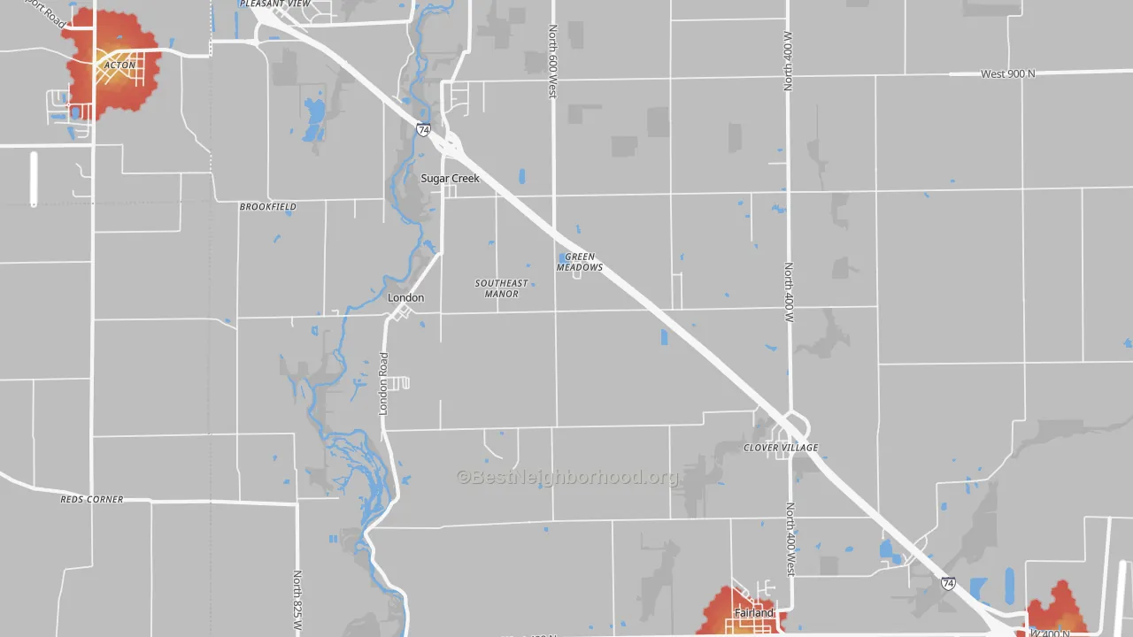 Walk Grade map of 46126, IN, walkable areas in green and car-dependent areas in red