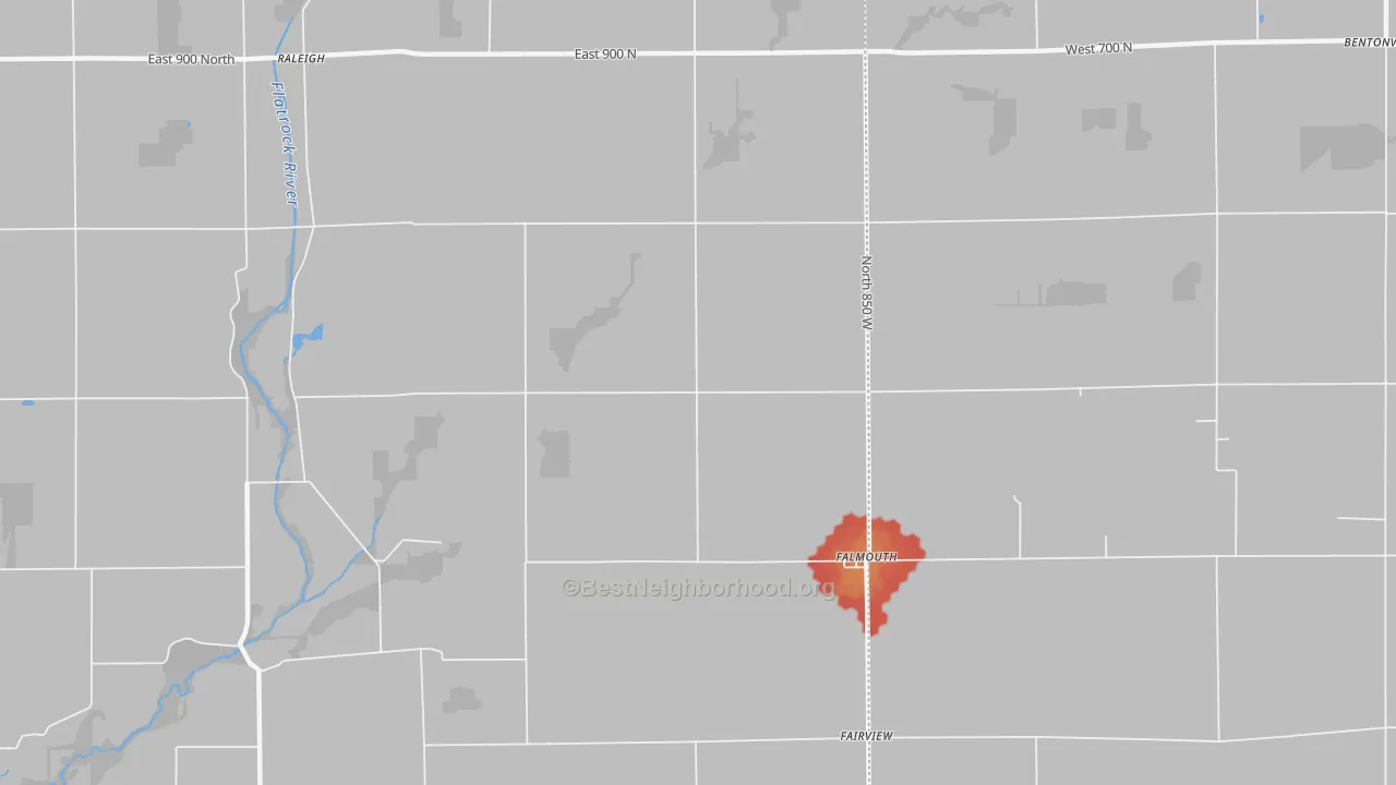 Walk Grade map of 46127, IN, walkable areas in green and car-dependent areas in red