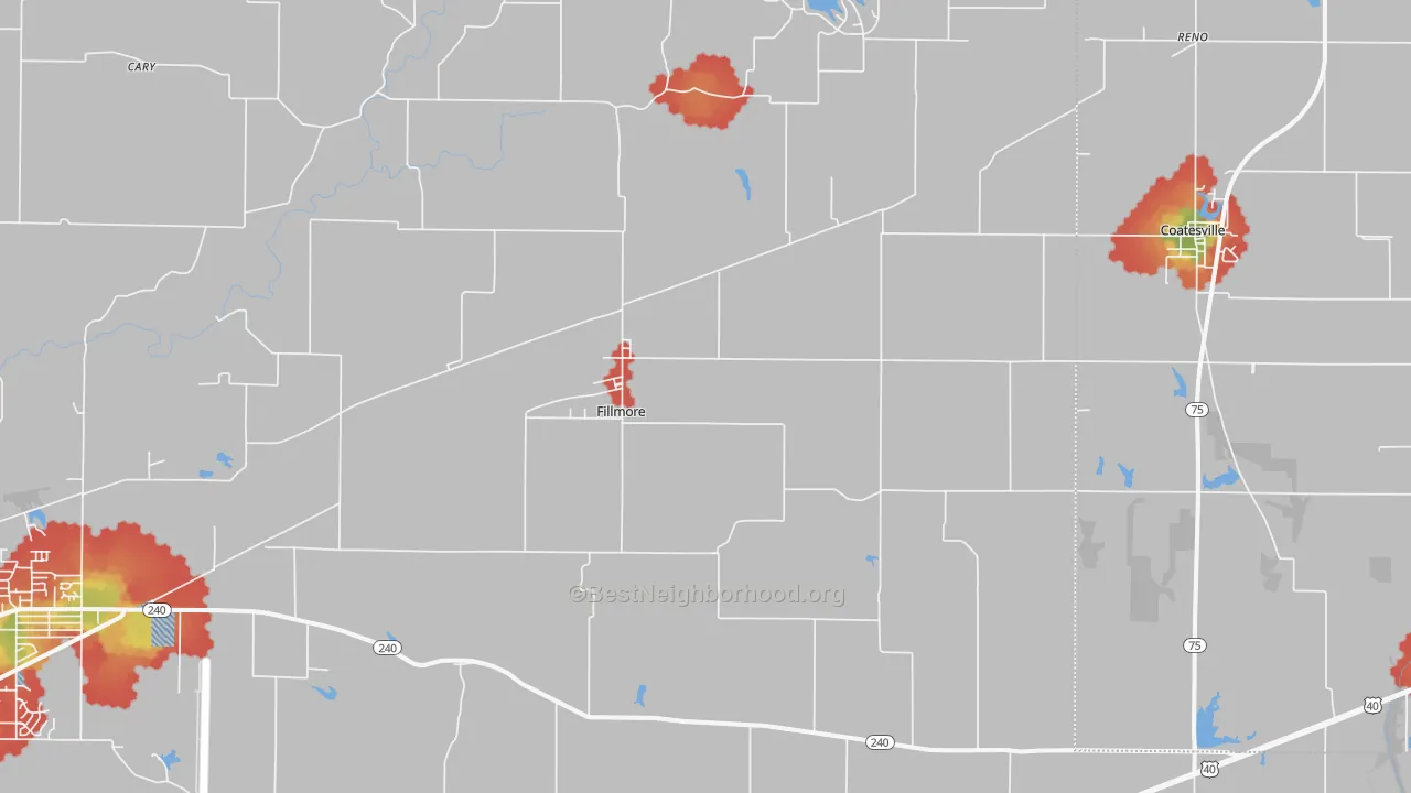 Walk Grade map of 46128, IN, walkable areas in green and car-dependent areas in red