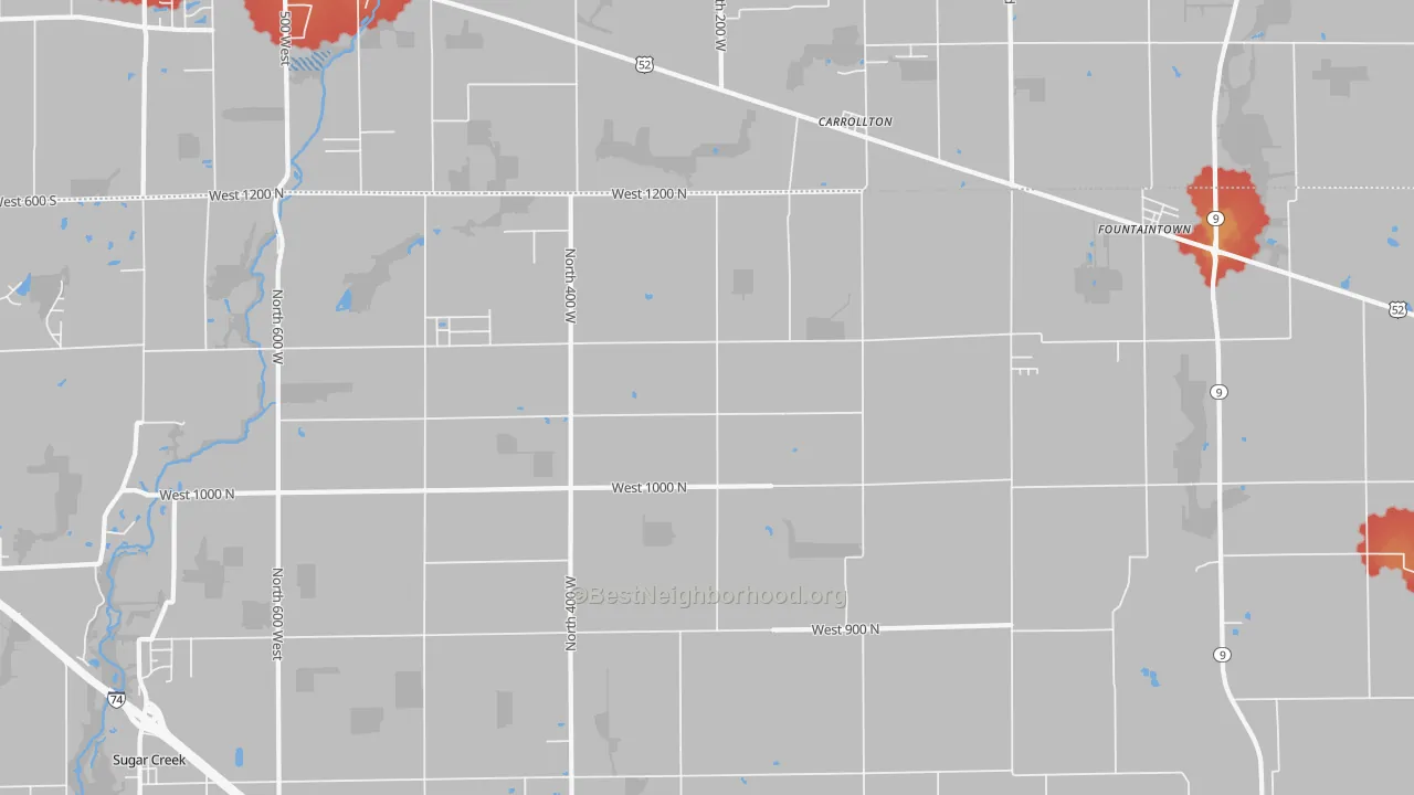 Walk Grade map of 46130, IN, walkable areas in green and car-dependent areas in red