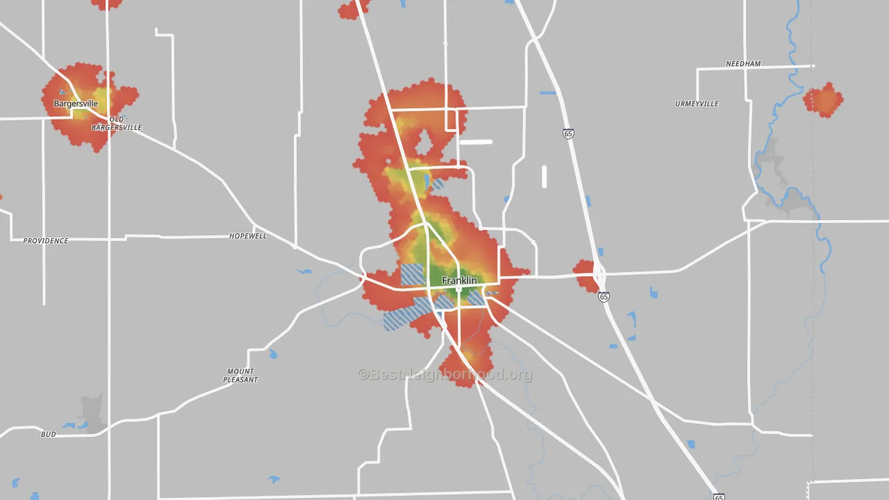 Walk Grade map of 46131, IN, walkable areas in green and car-dependent areas in red