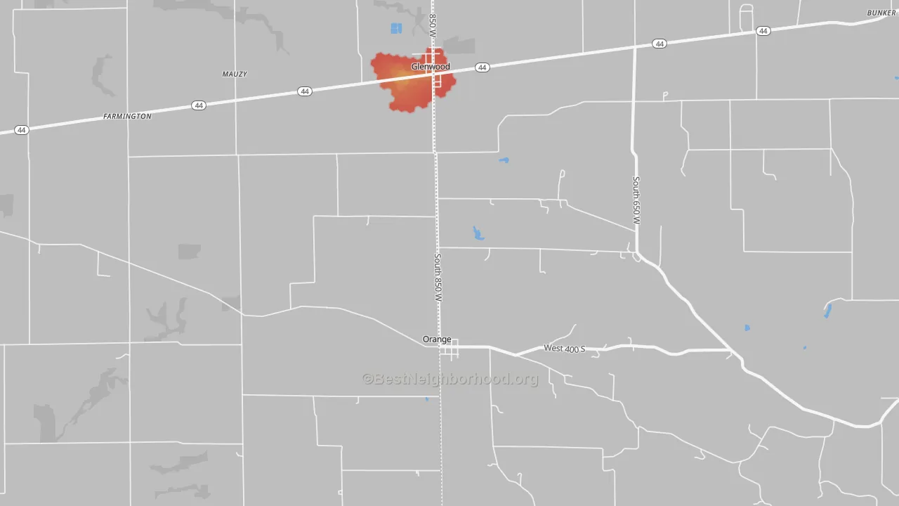 Walk Grade map of 46133, IN, walkable areas in green and car-dependent areas in red