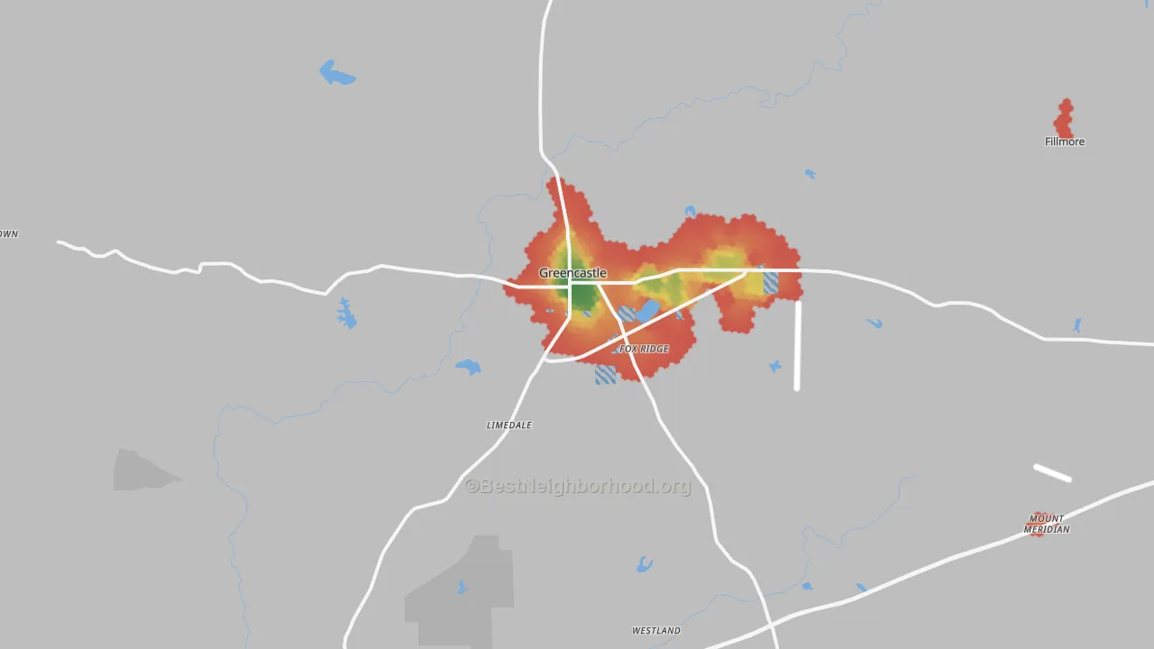 Walk Grade map of 46135, IN, walkable areas in green and car-dependent areas in red