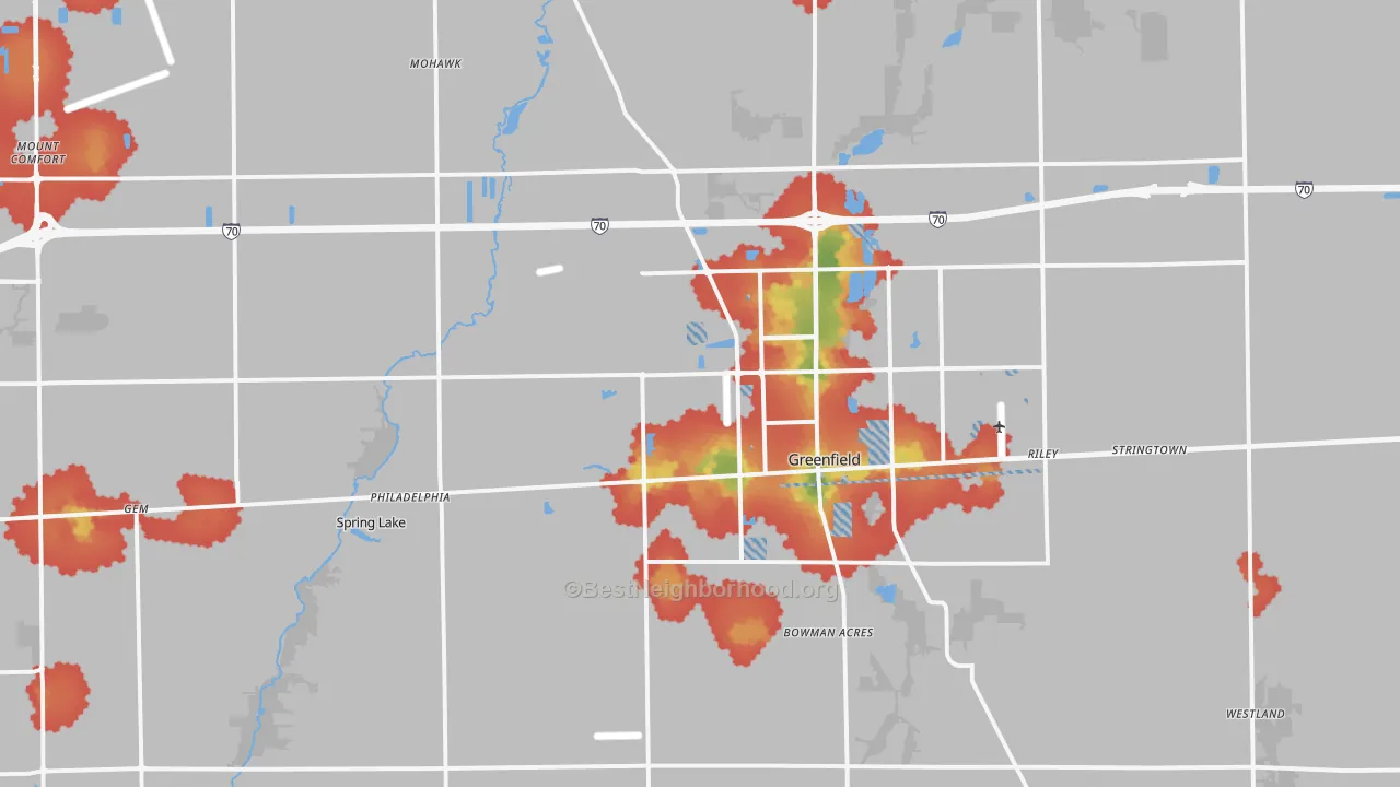 Walk Grade map of 46140, IN, walkable areas in green and car-dependent areas in red