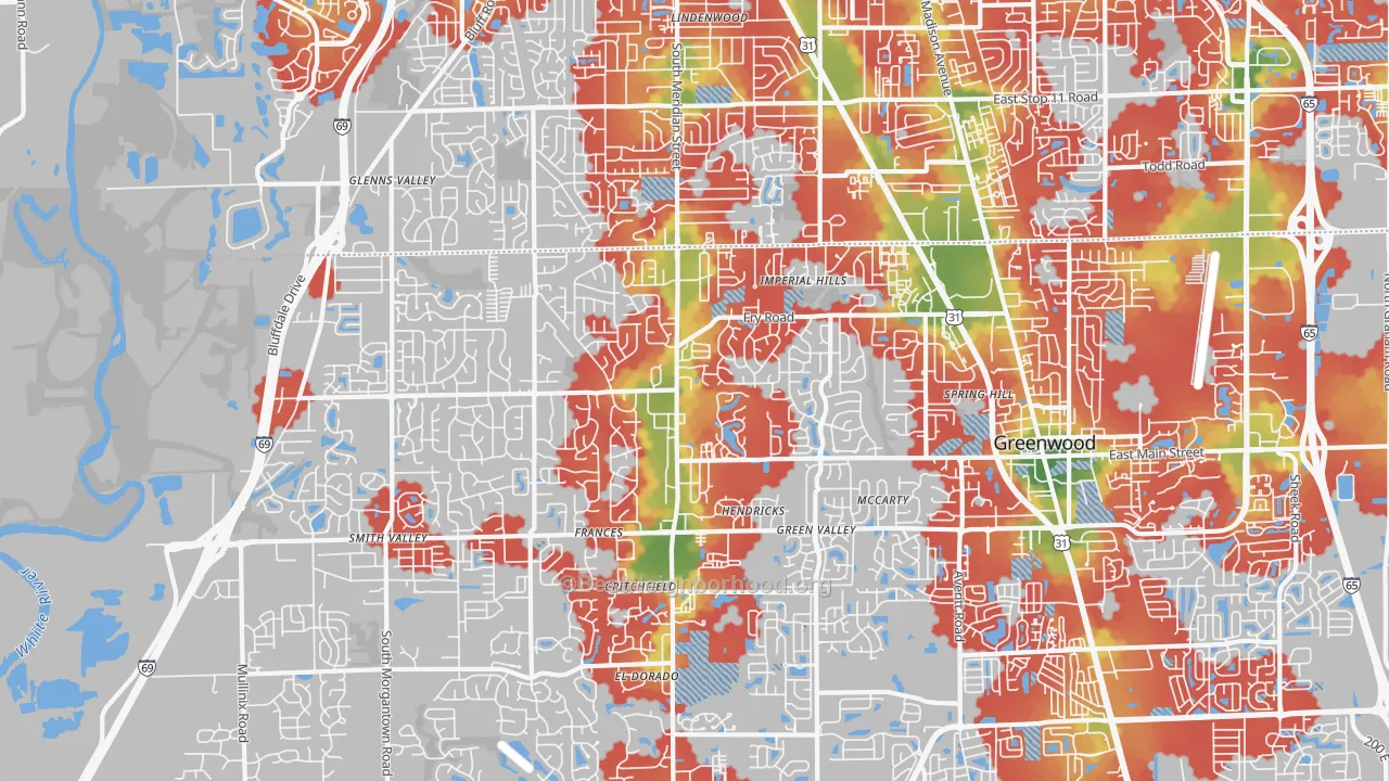 Walk Grade map of 46142, IN, walkable areas in green and car-dependent areas in red