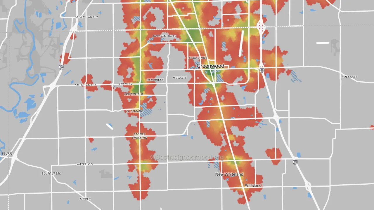 Walk Grade map of 46143, IN, walkable areas in green and car-dependent areas in red