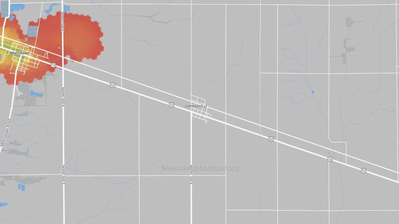 Walk Grade map of 46144, IN, walkable areas in green and car-dependent areas in red