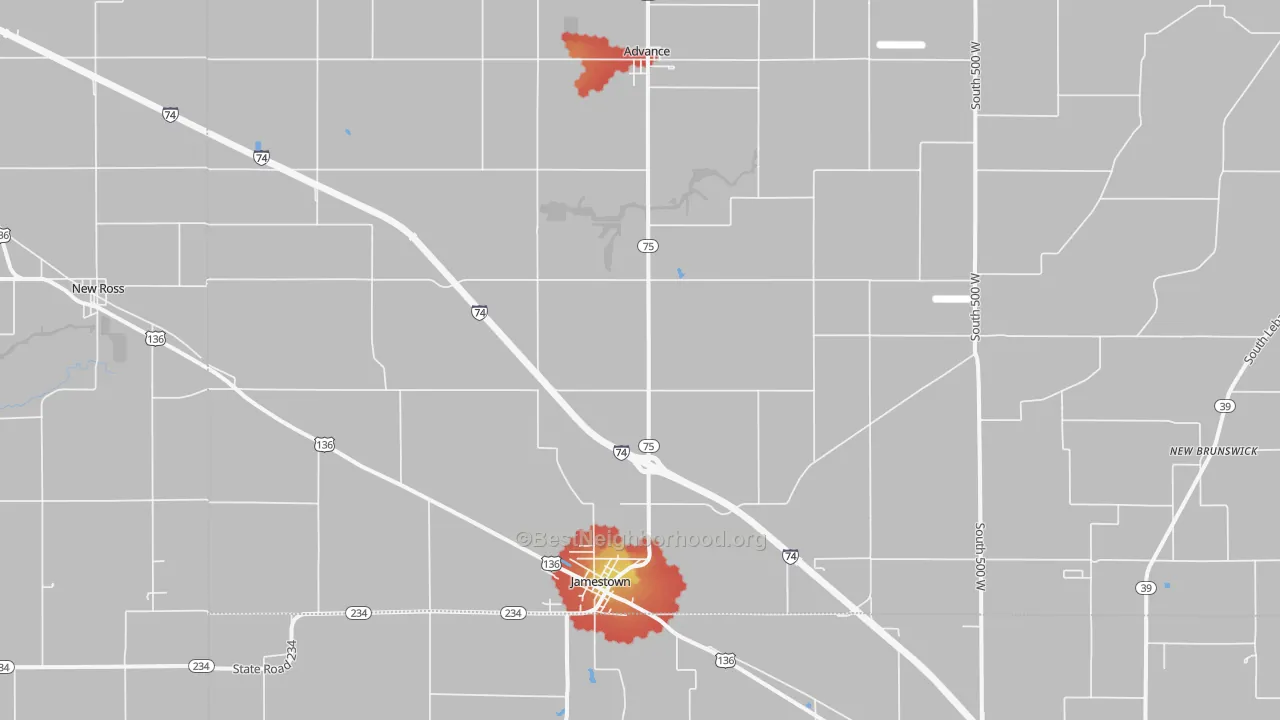 Walk Grade map of 46147, IN, walkable areas in green and car-dependent areas in red