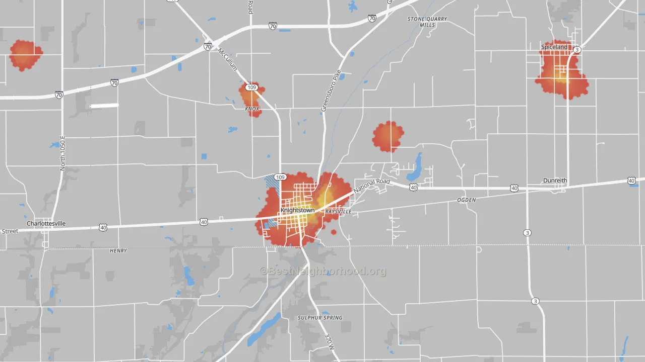 Walk Grade map of 46148, IN, walkable areas in green and car-dependent areas in red