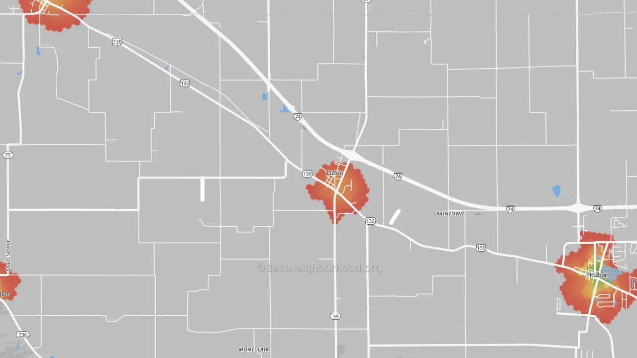 Walk Grade map of 46149, IN, walkable areas in green and car-dependent areas in red