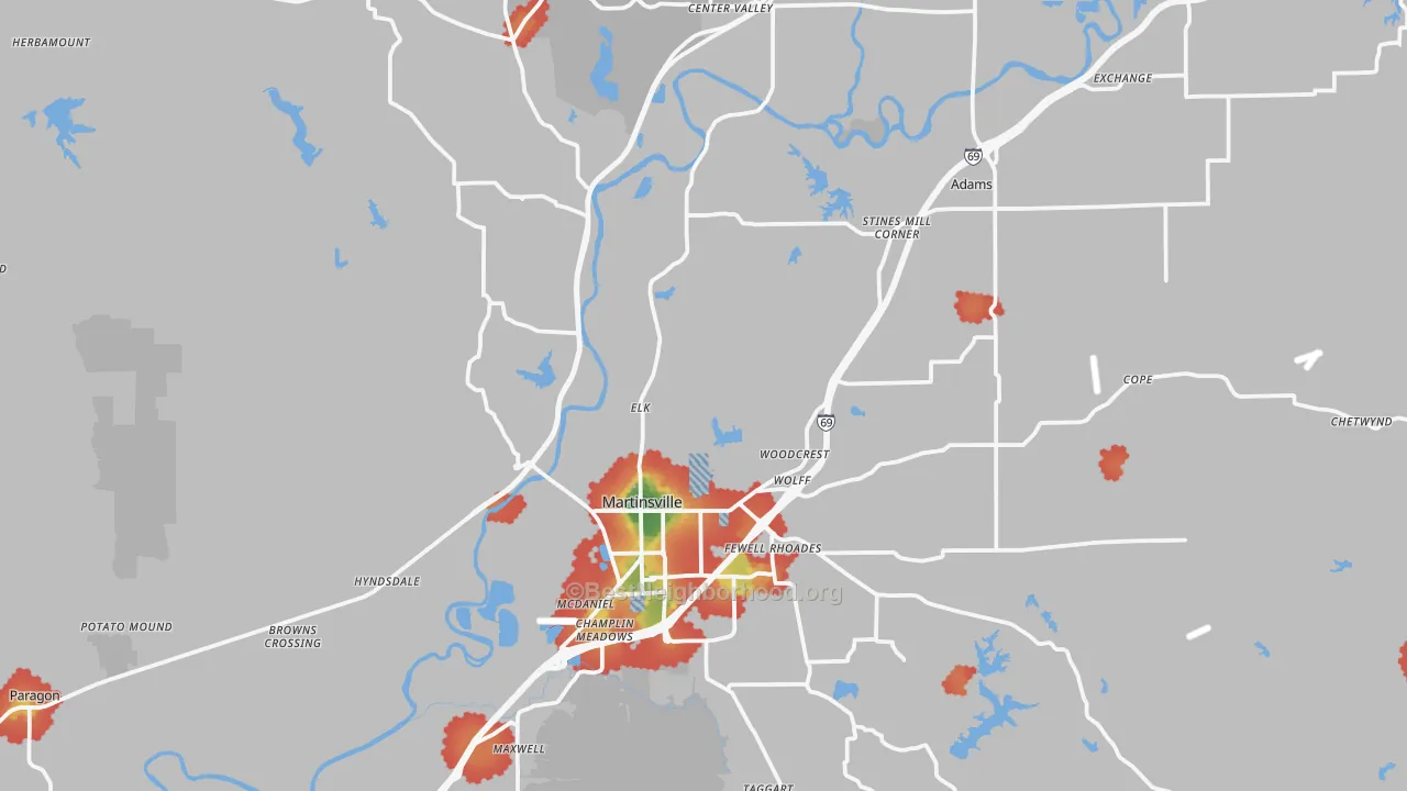 Walk Grade map of 46151, IN, walkable areas in green and car-dependent areas in red