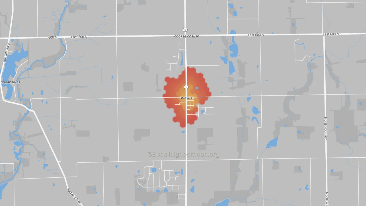 Walk Grade map of 46154, IN, walkable areas in green and car-dependent areas in red