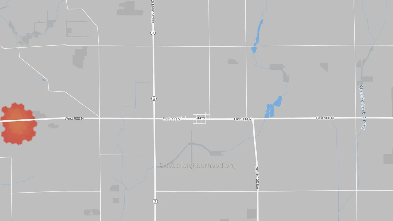 Walk Grade map of 46155, IN, walkable areas in green and car-dependent areas in red