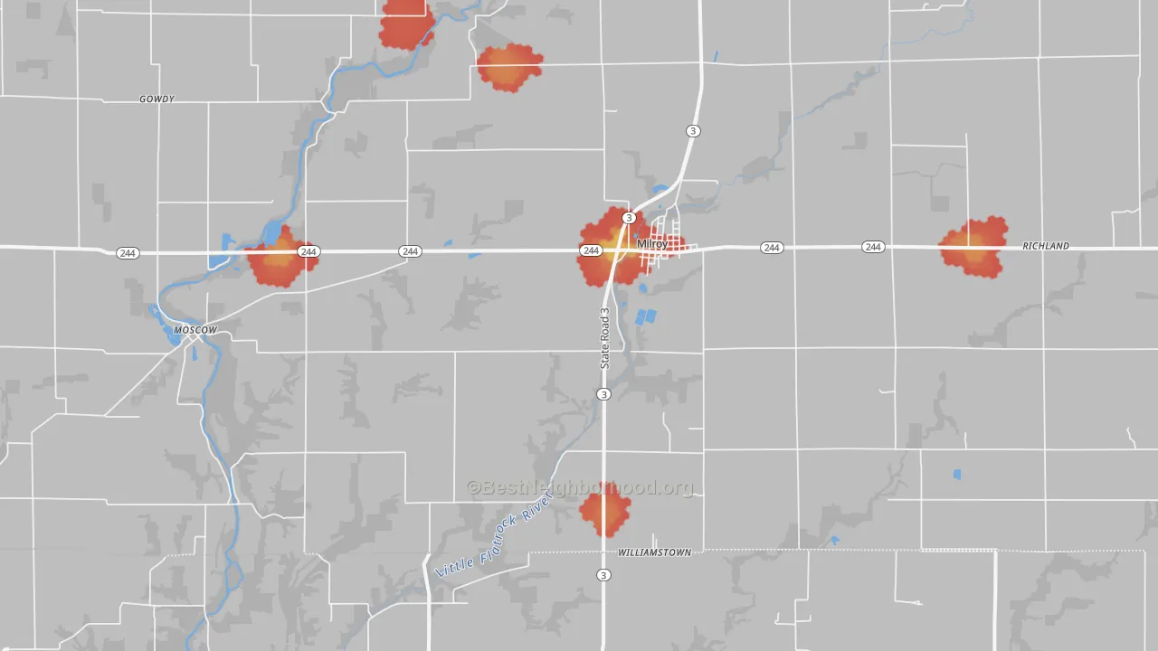 Walk Grade map of 46156, IN, walkable areas in green and car-dependent areas in red
