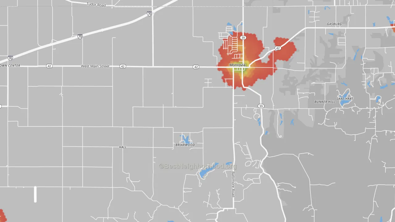 Walk Grade map of 46157, IN, walkable areas in green and car-dependent areas in red