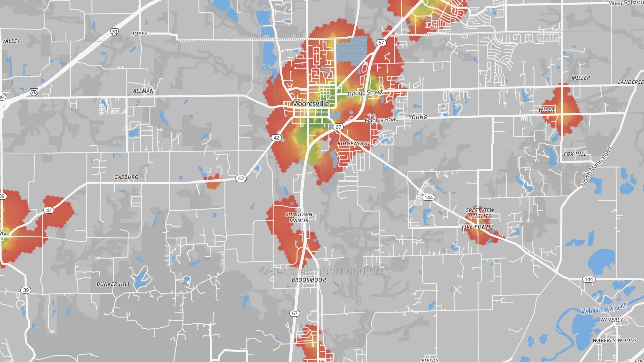 Walk Grade map of 46158, IN, walkable areas in green and car-dependent areas in red