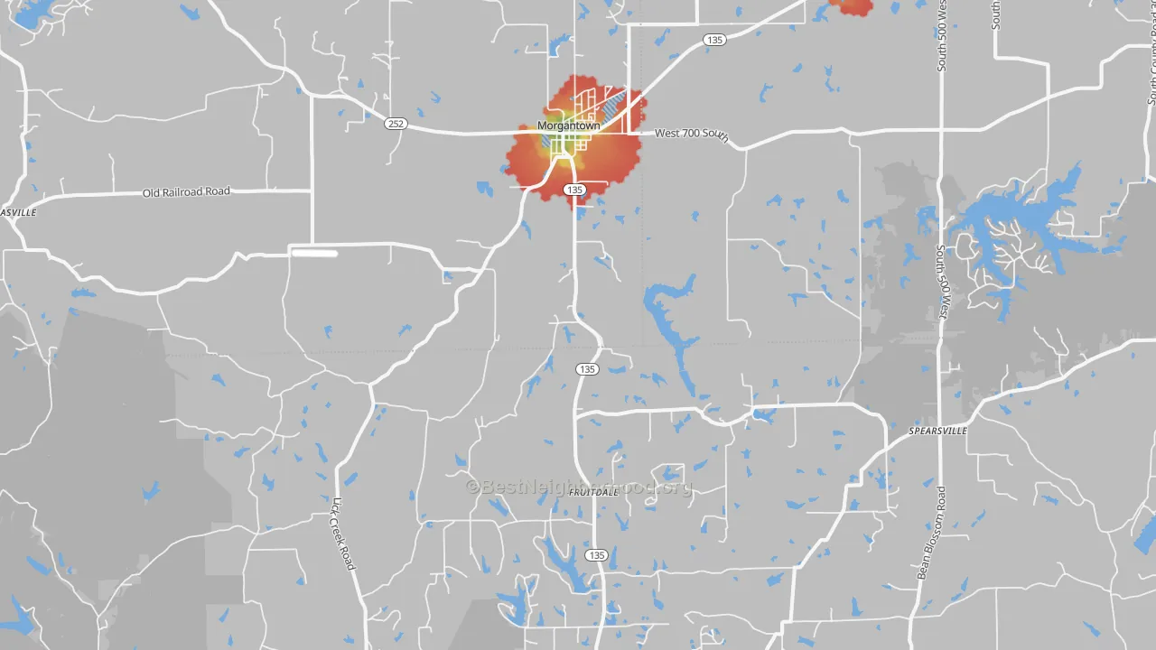 Walk Grade map of 46160, IN, walkable areas in green and car-dependent areas in red