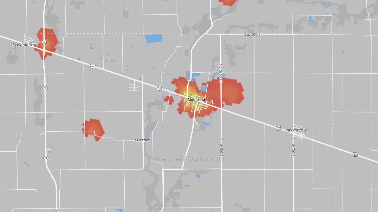 Walk Grade map of 46161, IN, walkable areas in green and car-dependent areas in red