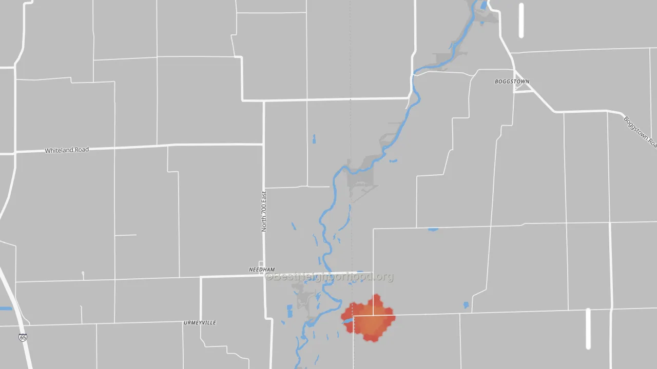 Walk Grade map of 46162, IN, walkable areas in green and car-dependent areas in red