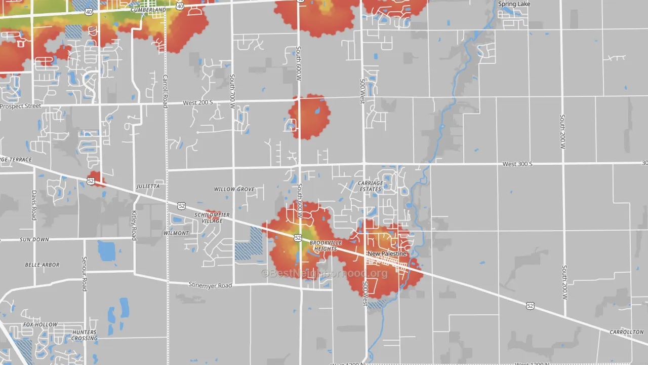 Walk Grade map of 46163, IN, walkable areas in green and car-dependent areas in red