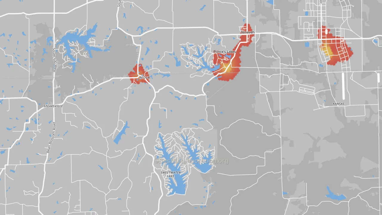 Walk Grade map of 46164, IN, walkable areas in green and car-dependent areas in red