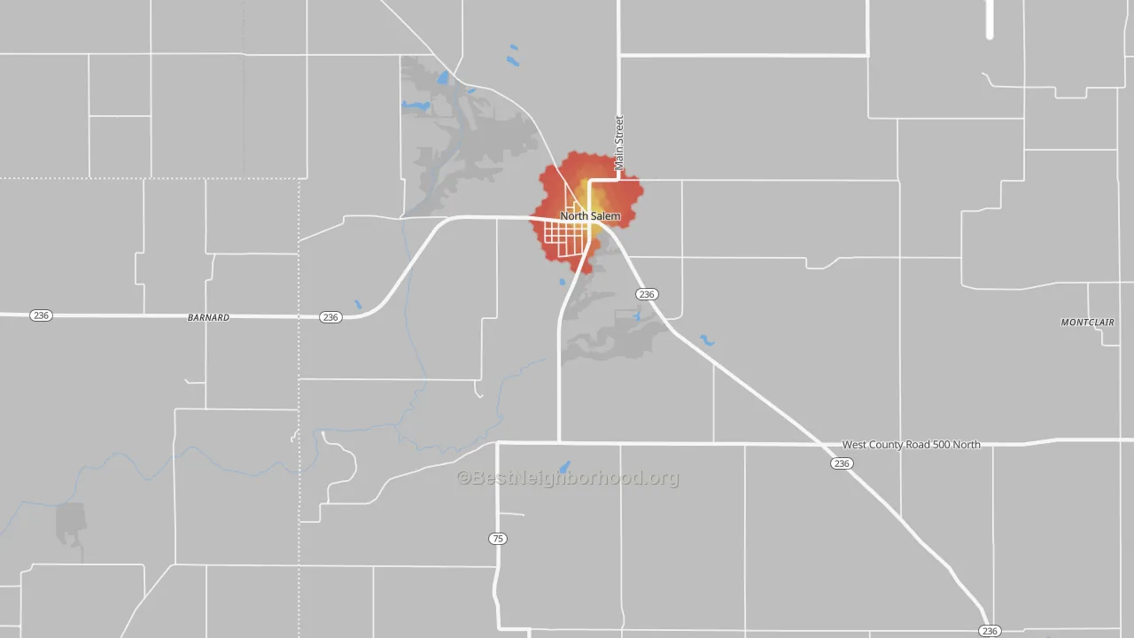 Walk Grade map of 46165, IN, walkable areas in green and car-dependent areas in red