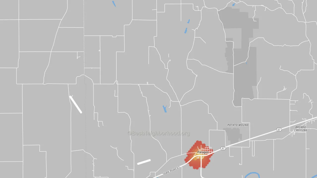 Walk Grade map of 46166, IN, walkable areas in green and car-dependent areas in red