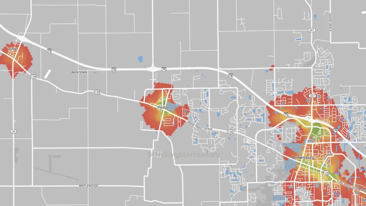 Walk Grade map of 46167, IN, walkable areas in green and car-dependent areas in red