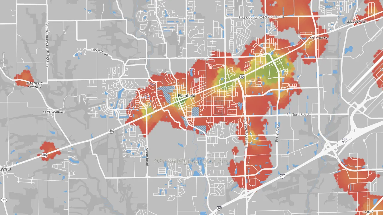 Walk Grade map of 46168, IN, walkable areas in green and car-dependent areas in red