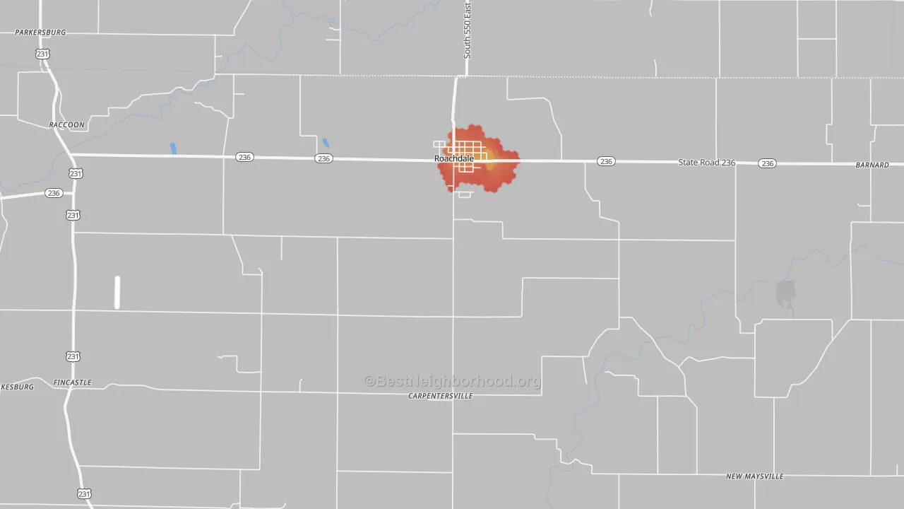 Walk Grade map of 46172, IN, walkable areas in green and car-dependent areas in red