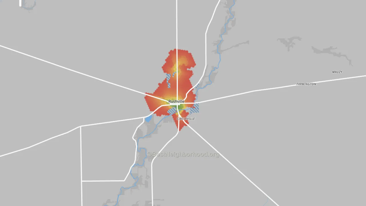 Walk Grade map of 46173, IN, walkable areas in green and car-dependent areas in red