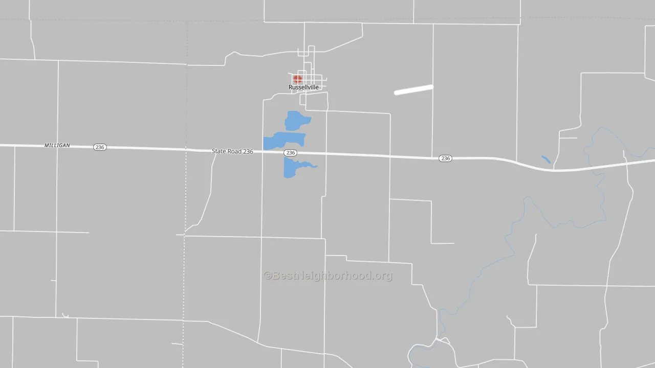 Walk Grade map of 46175, IN, walkable areas in green and car-dependent areas in red