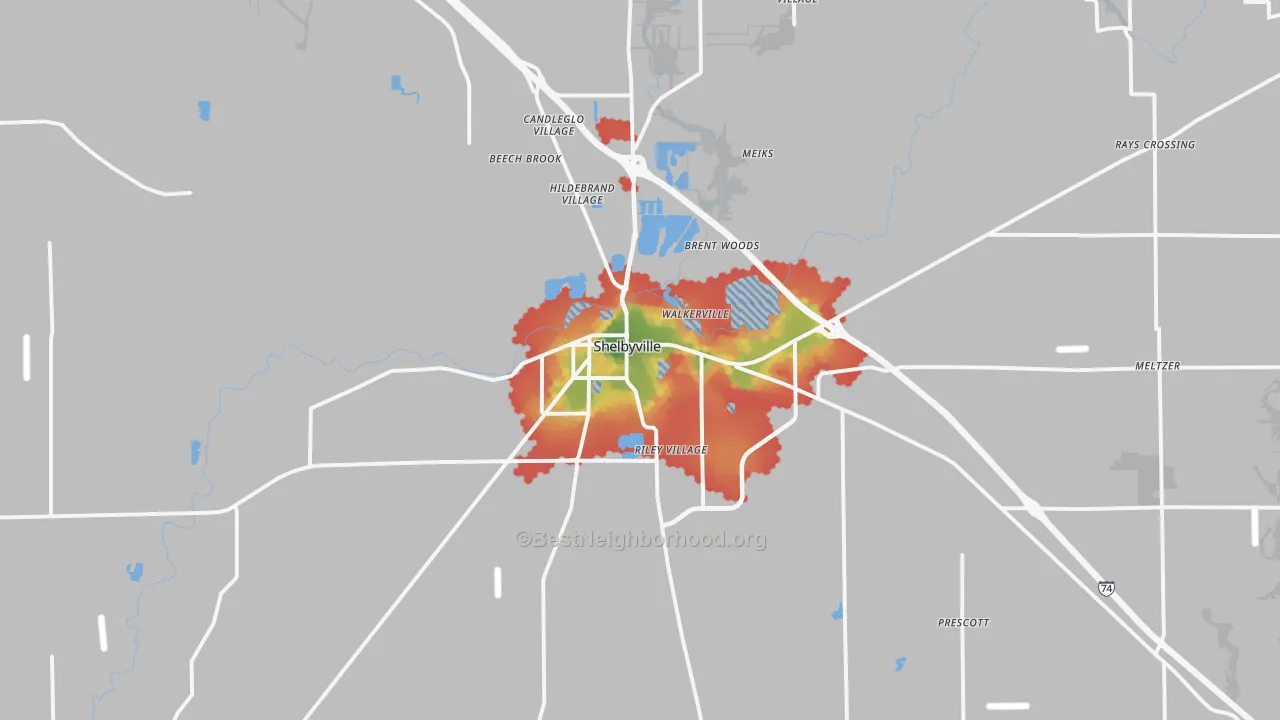 Walk Grade map of 46176, IN, walkable areas in green and car-dependent areas in red