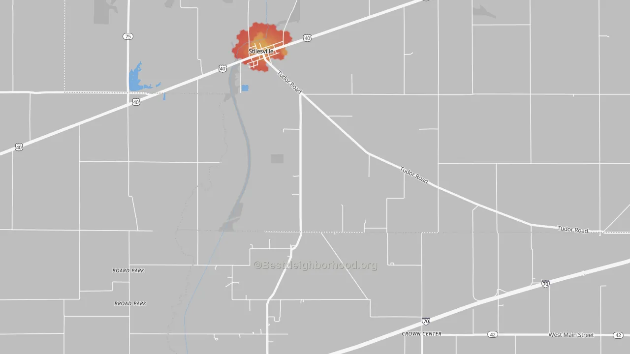 Walk Grade map of 46180, IN, walkable areas in green and car-dependent areas in red