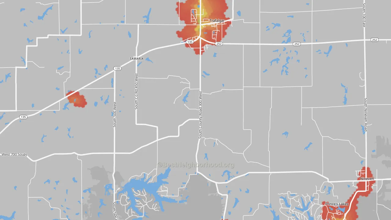 Walk Grade map of 46181, IN, walkable areas in green and car-dependent areas in red