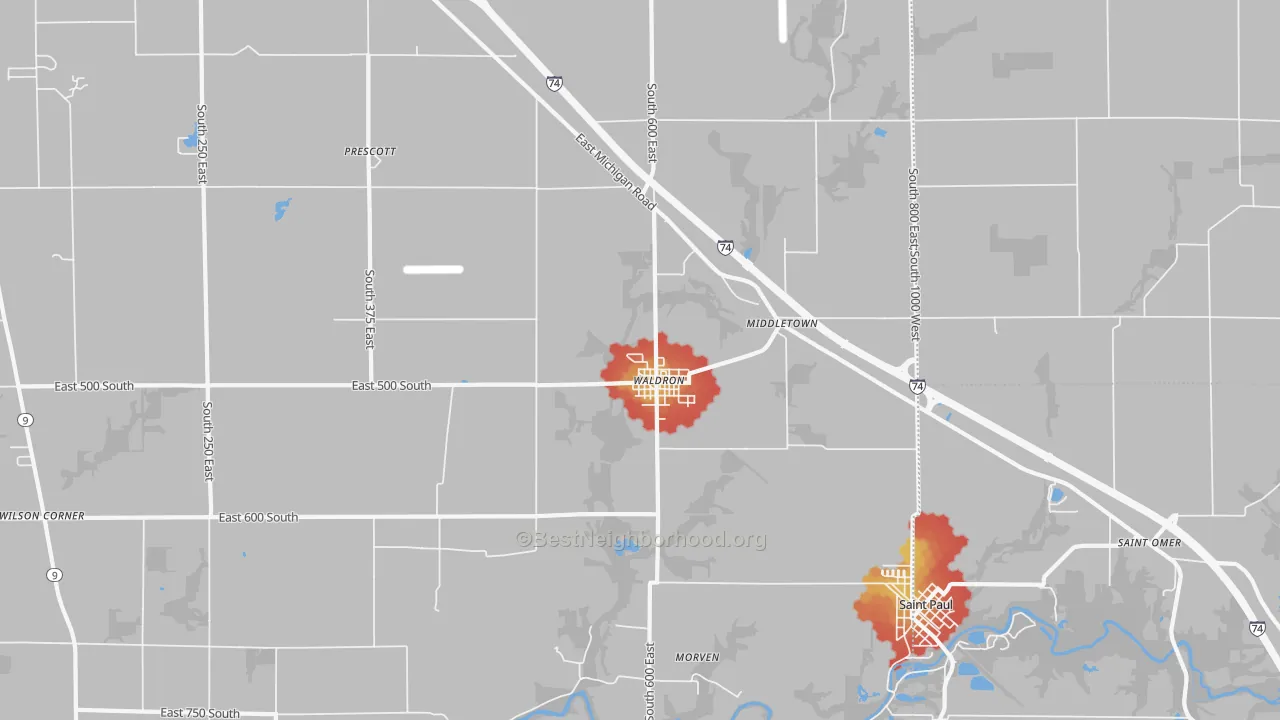 Walk Grade map of 46182, IN, walkable areas in green and car-dependent areas in red