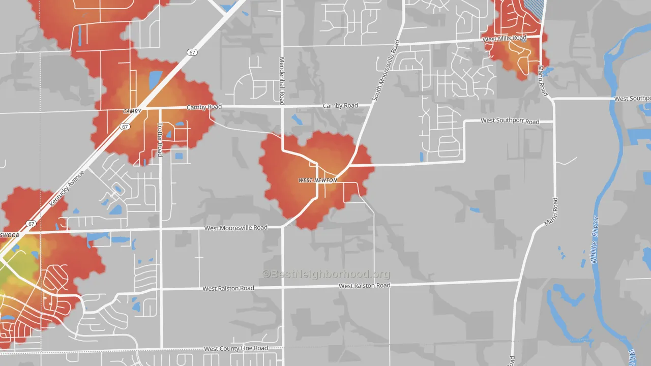 Walk Grade map of 46183, IN, walkable areas in green and car-dependent areas in red