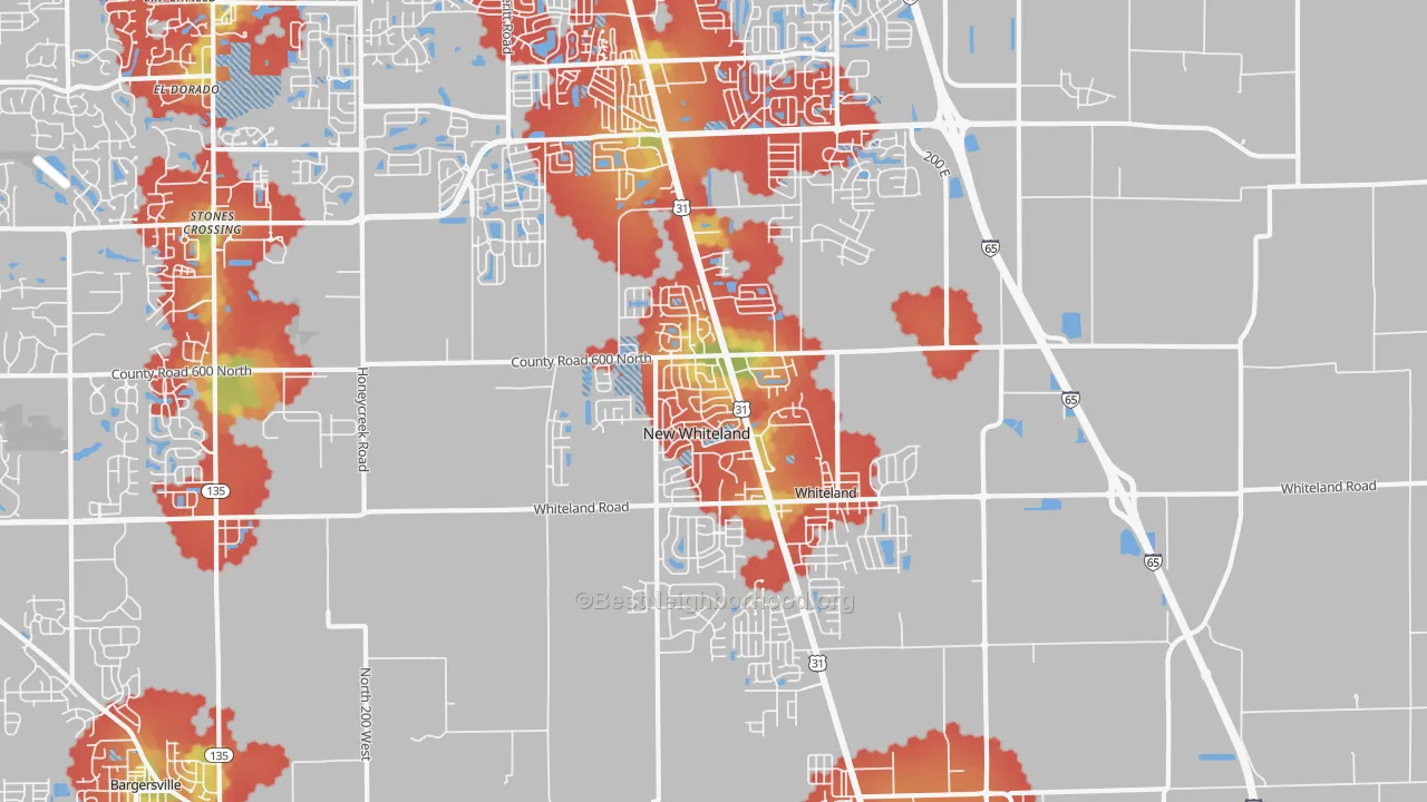 Walk Grade map of 46184, IN, walkable areas in green and car-dependent areas in red