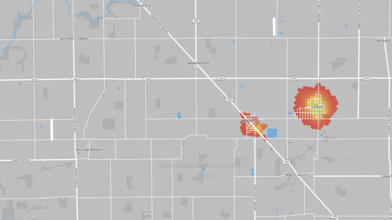 Walk Grade map of 46186, IN, walkable areas in green and car-dependent areas in red