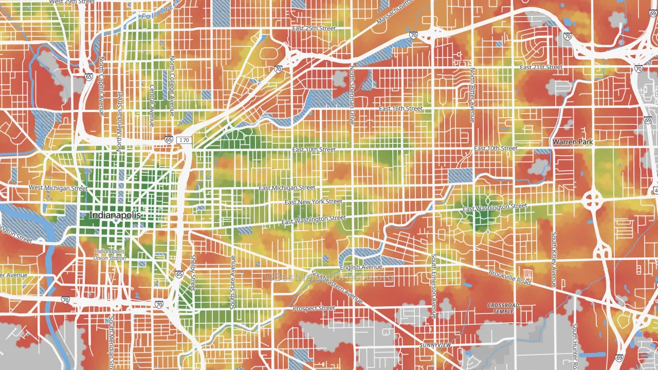 Walk Grade map of 46201, IN, walkable areas in green and car-dependent areas in red