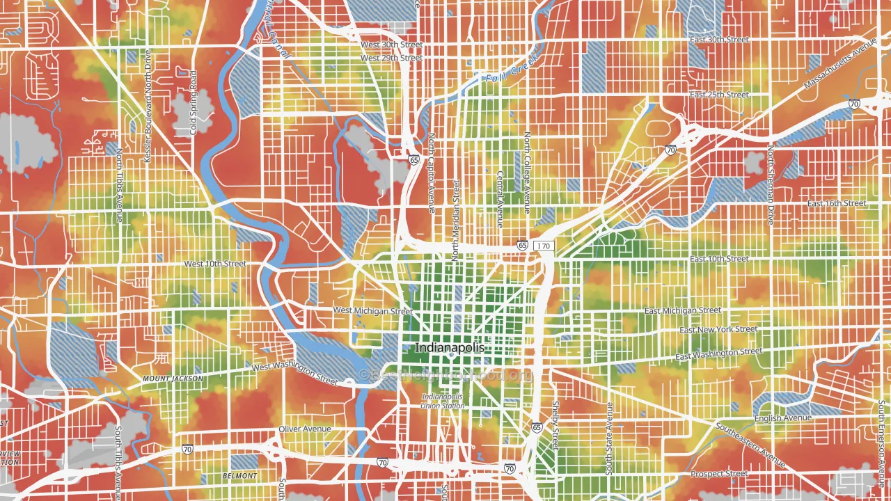 Walk Grade map of 46202, IN, walkable areas in green and car-dependent areas in red